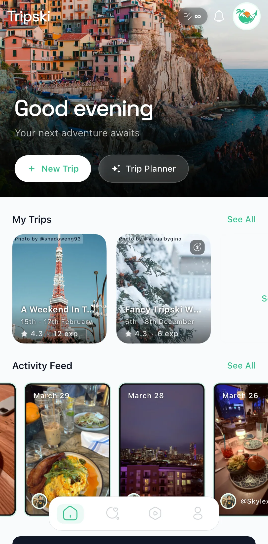Tripski home screen showing your trips and activity feed